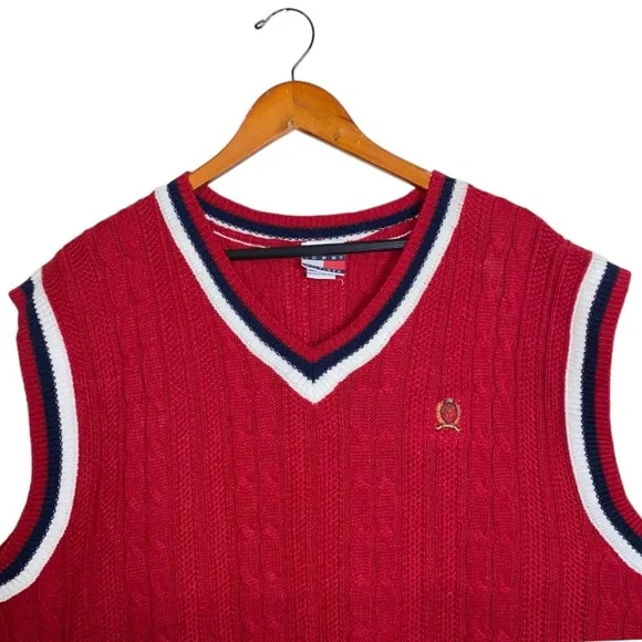 Tommy Hilfiger VTG 90's Y2K Red Ribbed Cable Knit Preppy Varsity Sweater Vest